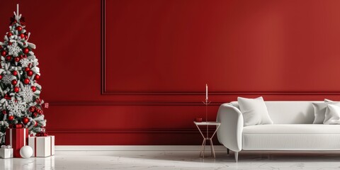 Wall Mural - A red wall with a white couch and a white Christmas tree