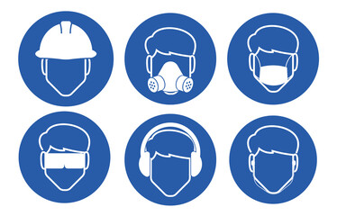 Bundle isolated blue circle head protection sign, helmet, google, ears cup, mask, respirator mandatory