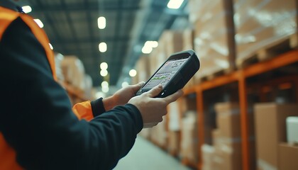 Fototapete - Close-Up of a Logistics Worker Scanning a Package with a Handheld Barcode Scanner
