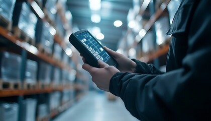 Fototapete - Close-Up of a Logistics Worker Scanning a Package with a Handheld Barcode Scanner