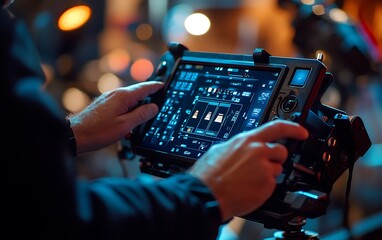 Fototapete - Close-Up of a Filmmaker Operating a High-Tech Camera with Touchscreen Controls