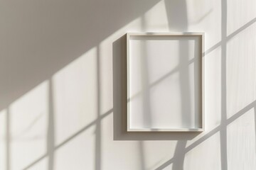 Wall Mural - Mock Up Wall Frame. Minimalistic White Square Frame Picture Hanging on Wall Background with Window Light and Shadows