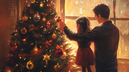 A man and a girl decorating the christmas tree together, AI