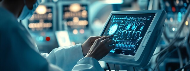 Fototapete - Close-Up of a Medical Technician Using an Ultrasound Device with High-Definition Display