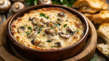 Wall Mural - Creamy mushroom dish served in a rustic wooden bowl with fresh herbs and bread on a wooden table