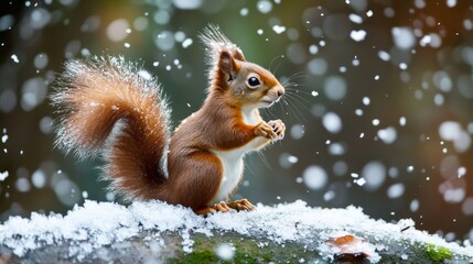 Wall Mural - A squirrel sitting on a rock in the snow with falling flakes, AI