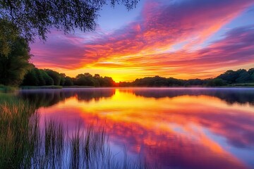 Canvas Print - Stunning Sunrise Reflection in Calm Lake Landscape Illustration