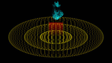 Abstract three-dimensional sphere of dots on dark background. 3D abstract noisy pulsating sphere. 3d rendering.