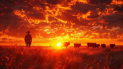 Wall Mural - Majestic Sunset: Lone Cowboy Silhouette and Cattle Herd on Vibrant Plains