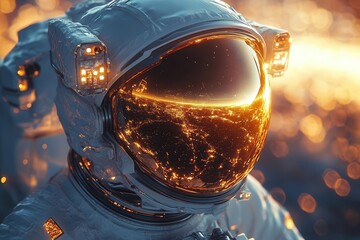 Wall Mural - hyperrealistic digital painting of an astronaut floating in zero gravity with the visor reflecting a breathtaking view of earth