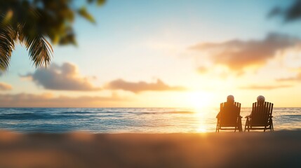 Couple relaxing on a beach at sunset, enjoying the serene view and peaceful atmosphere by the ocean.