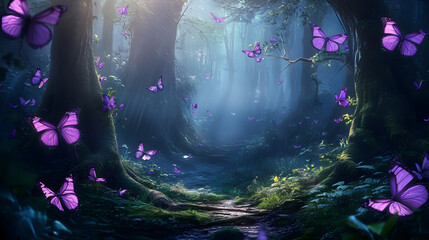 Wall Mural -  a landscape of a fantasy forest with purple butterflies