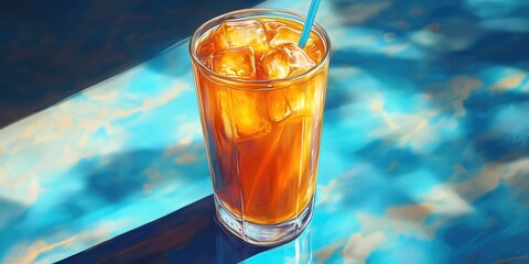 Wall Mural - Iced Tea with a Straw on a Blue Background