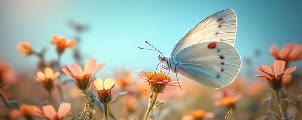 Wall Mural - White Butterfly on Orange Flowers in a Field - Illustration