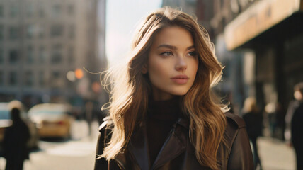 Portrait of gorgeous fashionable young woman in leather jacket in the city street, fall fashion streetwear