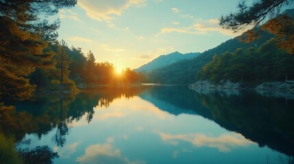 Canvas Print - Sunset over a Serene Mountain Lake with Reflections - Landscape Photograph