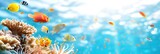 A vibrant underwater scene with colorful fish swimming amongst coral reefs, illuminated by the sun's rays piercing through the water.
