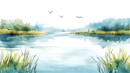 Serene watercolor painting of a calm lake with distant trees, lush grass, and birds flying in the sky, creating a peaceful natural scene.