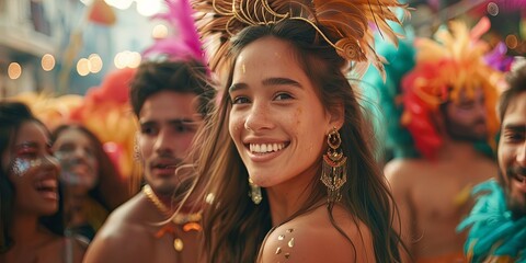 A young woman smiles brightly at the camera, wearing a golden headdress and large, dangling earrings, with her long brown hair flowing behind her