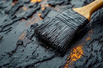 industrial waterproofing closeup of brush applying black bitumen textured surface strong contrast focus on material properties