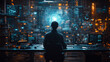 © ภูริพัฒน์ ภิรมย์กิจ - Cybersecurity Specialist: A lone hacker, silhouetted against a wall of glowing computer screens, navigates a complex digital landscape.  The blue and orange hues of the screens create a mesmerizing ba