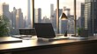 © Coffee Cafe Lover - Modern CEO Desk Setup with Laptop, Papers, Stylish Lamp, and Cityscape View from Office Window