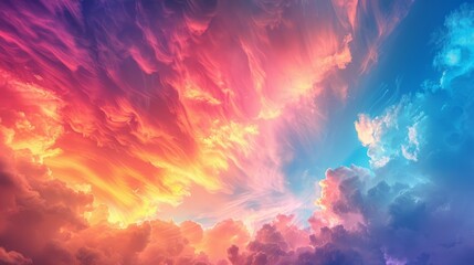 Wall Mural - Colorful sunset clouds illuminated in vibrant hues over a serene landscape