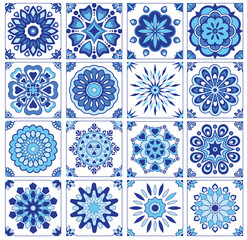 Wall Mural - set seamless pattern with flowers, seamless pattern with flowers, Decorative mosaic flower blue color seamless pattern.