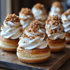 Wall Mural - Mini bagel bites topped with a swirl of ice cream and sprinkled with doughnut crumbs, served on a wooden board, mini bagels ice cream doughnut crumbs, bitesized dessert innovation