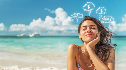 A woman relaxing on a beach, with a dreamy smile and thought bubbles showing a car, a home, money, and family, designed as a wide banner with plenty of space for text