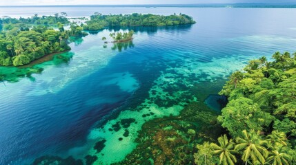 Wall Mural - Tranquil ocean vista  aerial view of serene blue sea with lush palm covered islands