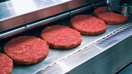 Poster - The Ground meat patties are being formed and transported on a production conveyor belt.