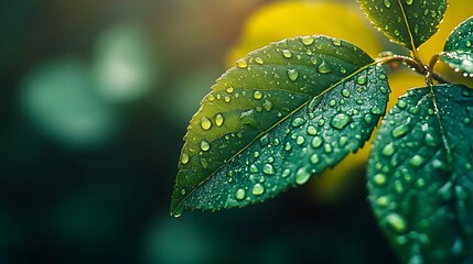 Wall Mural - Green Leaf with Water Droplets - Close Up Photo