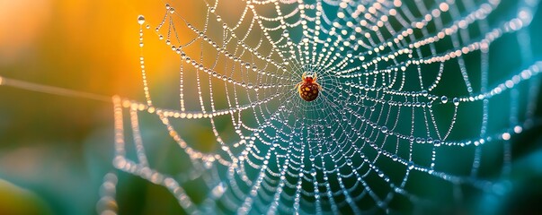 Dew Drops on a Spider Web with a Small Spider Photo