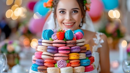 Wall Mural - Colorful French macaron tower, wedding cake, no shadows, no text on picture, no logo, no signature, no human body, no people, no plants, 