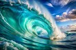 © Sirinporn - Vibrant turquoise ocean wave texture with intricate swirling patterns and foamy crests, evoking the natural beauty and dynamic energy of the sea's perpetual motion.