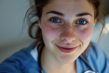 Woman wearing scrubs smiling at the camera; clear eyes suggest professionalism and care.