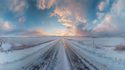 Wall Mural - Snow-covered road with mountains under a colorful sunset sky in winter