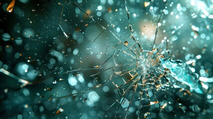 Close-up view of a shattered glass surface with intricate spider web details