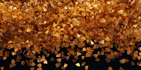 Abstract background of golden triangular confetti falling against a black background.