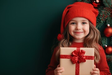 Wall Mural - A young girl is holding a brown box with a red bow on it, Festive and joyful with Christmas moment