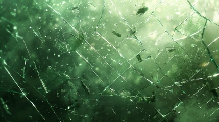 Shattered glass with reflections in a green-hued atmosphere