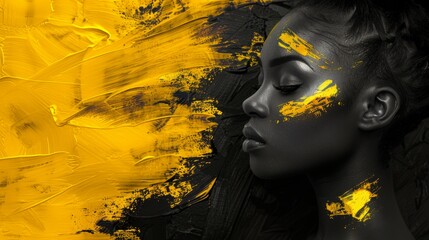 Woman with artistic yellow paint on her face poses against a dark textured background