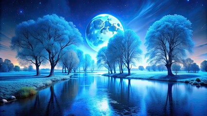 Surreal landscape with blue trees and a glowing river under a bright blue moon, surreal, landscape