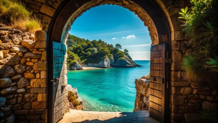 A stone archway frames a breathtaking view of a turquoise sea and a rocky coastline covered in lush greenery.