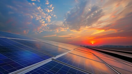 Expansive Solar Panel Array Reflecting a Vibrant Sunset Sky in a Sustainable Energy Concept