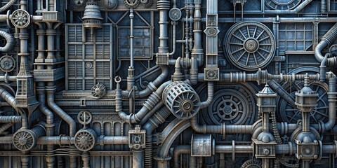 Complex network of industrial pipes and gears in metallic tones.
