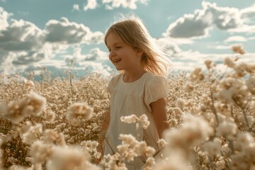 Happy girl in golden field of blossoming flowers, smiling with a sunny sky in the background.