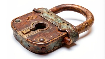 A rusty, vintage padlock with intricate details and worn patina, isolated on a pure white background, evoking a sense of security and forgotten memories.