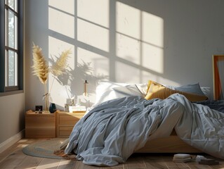 A modern bedroom filled with sunlight from the window, featuring a cozy wooden bed frame, white blanket, and decorative pillows.